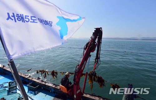 【서울=뉴시스】지난달 20일 백령도 인근 해상 양식장에서 서해5도 어민들이 평화를 상징하는 한반도기를 어선에 달고 다시마 조업을 하고 있다. 2018.04.25. (사진=경인일보 제공) photo@newsis.com