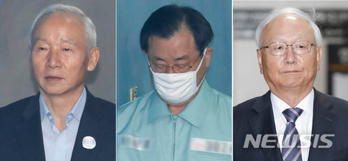 【서울=뉴시스】최동준 기자 = 국정원 특활비 의혹 남재준(왼쪽 사진부터), 이병기, 이병호 전 국정원장이 26일 오전 서울 서초구 서울중앙지방법원에서 열린 공판에 출석하고 있다. 2018.04.26. photocdj@newsis.com
