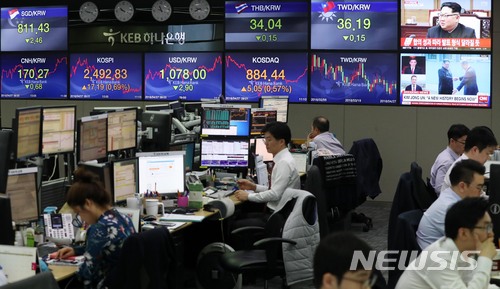 【서울=뉴시스】홍효식 기자 = 남북정상회담이 열린 27일 오전 서울 을지로 KEB하나은행 본점 딜링룸에서 코스피와 코스닥 지수가 상승 흐름을 나타내고 있다. 오른쪽으로는 남북 정상 만남의 모습이 중계되고 있다. 2018.04.27. yesphoto@newsis.com