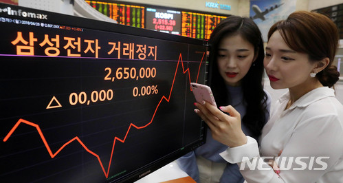 【서울=뉴시스】 추상철 기자 = 삼성전자 주식에 대한 액면분할로 거래가 정지된 30일 오후 서울 영등포구 여의도 KRX한국거래소에서 거래정지를 알리는 삼성전자 주식 모니터 뒤로 코스피지수가 22.98포인트(0.92%) 오른 2515.38을 나타내고 있다. 2018.04.30. scchoo@newsis.com