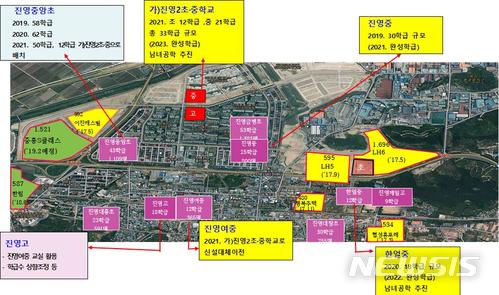 【창원=뉴시스】 홍정명 기자 = 1일 경남도교육청 적정규모학교추진단이 발표한 김해시 진영읍 '진영여중 신설대체이전(가칭 진영2초·중학교 설립) 추진 계획 및 교육여건 개선안'.2018.05.01.(사진=경남도교육청 제공) photo@newsis.com