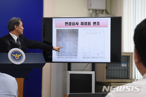 【울산=뉴시스】안정섭 기자 = 1일 울산지방경찰청 프레스센터에서 울주군시설관리공단 채용비리 수사결과 브리핑이 진행된 가운데 정인만 지능범죄수사대장이 면접과정에서 위조된 채점표에 대해 설명하고 있다. 2018.05.01. yohan@newsis.com