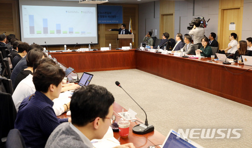 【서울=뉴시스】박영태 기자 = 2일 오후 서울 영등포구 여의도 국회 의원회관에서 진행된 ‘포털 인 or 아웃 : 포털 댓글과 뉴스편집의 사회적 영향과 개선방안‘토론회에서 이정환 미디어오늘 대표가 발제를 하고 있다. 2018.05.02. since1999@newsis.com