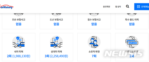 【나주=뉴시스】이창우 기자 = 3일 '보험개발원'이 유료로 제공하는 '중고차 사고 이력 서비스' 조회 결과 사고를 낸 전남 영암 농작업 인부 수송 버스는 지난 2002년 출시돼 같은 해 6월12일 차적지를 광주로 처음 등록한 현대차 25인승 카운티 미니버스(자가용 승합차)로 확인됐다. 이 차량은 16년 동안 차량 소유자가 7번 바뀌고 5건의 사고를 낸 것으로 조회됐다. 2018.05.03. (이미지=보험개발원 홈페이지 캡처)&nbsp; lcw@newsis.com 