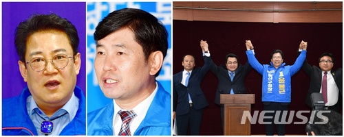 【광주=뉴시스】송창헌 기자 = 5일 발표된 더불어민주당 광주지역 기초단체장 경선 결과, 후보단일화에 성공했거나 성사 직전 둘러 쪼개졌던 후보들이 공교롭게도 모두 고배를 마셨다. 사진 왼쪽은 북구청장 후보 단일화를 추진했던 문상필, 조오섭 후보. 오른쪽 사진은 광산구청장 예비후보 4명이 윤봉근 후보로 단일화한 뒤 기념사진을 찍고 있는 모습. 2018.05.05 (사진=뉴시스DB) photo@newsis.com