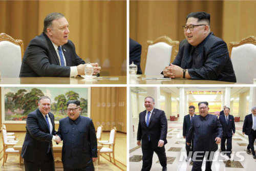 【서울=뉴시스】 북한 노동신문은 지난 9일 김정은 노동당 위원장 겸 국무위원장이 폼페이오 미국 국무장관을 접견했다고 10일 보도했다.&nbsp; 김정은 위원장과 폼페이오 장관은 북미정상회담과 북한에 억류중인 미국인 3명에 대한 석방을 논의했으며, 억류된 미국인들은 폼페이오 장관과 함께 미국으로 귀국했다. 2018.05.10. (출처=노동신문)&nbsp; photo@newsis.com
