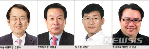 【목포=뉴시스】박상수 기자 = 6.13전남 목포시장 선거에 출마하는 후보들. 좌측부터 더불어민주당 김종식 후보, 민주평화당 박홍률 후보, 정의당 박명기 후보, 한반도미래연합 김성남 후보. 2018.05.12. (사진=뉴시스DB) photo@newsis.com