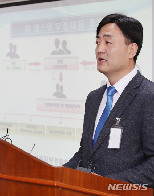 【서울=뉴시스】김진아 기자 = 14일 서울 중랑구 서울지방경찰청 지능범죄수사대에서 안동현 지능1계장이 'SR(수서고속철도) 채용비리' 수사 브리핑을 하고 있다.&nbsp; 서울청 지수대는 2015년 7월부터 2016년 9월까지 SR의 신입·경력직 공개채용 당시 24명을 부정채용한 SR 임직원 12명 및 부정채용 청탁 대가로 부모 등 청탁자 측으로부터 금품을 챙긴 노조간부 등 총 13명을 검거, 그 중 2명을 구속했다. 2018.05.14.&nbsp; bluesoda@newsis.com