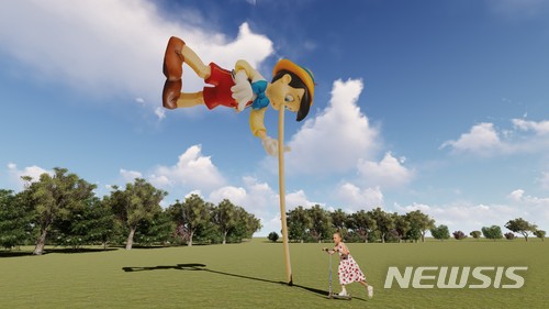 【서울=뉴시스】 박현주 기자 = '2018 창원조각비엔날레’ 설치되는 미디어아티스트로 유명한 이이남 '피노키오의 거짓말', 2018, 230x900x180cm, 스테인리스, FRP. 조각과 출신으로 이번 행사에 피노키오 코로 세워진 재미있는 작품을 선보인다. 