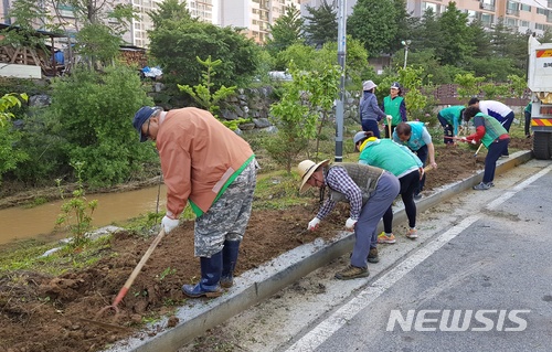 【충주=뉴시스】강신욱 기자 = 20일 충북 충주시 교현안림동 도로변에서 새마을협의회 회원들이 오는 26일 개막하는 47회 전국소년체육대회 손님맞이 제초작업을 하고 있다. 2018.05.20. (사진=충주시 제공) photo@newsis.com