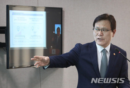 【서울=뉴시스】김선웅 기자 = 최종구 금융위원장이 21일 오후 서울 종로구 정부서울청사에서 동산금융 활성화 추진 전략에 대해 설명하고 있다. 2018.05.21.&nbsp; mangusta@newsis.com