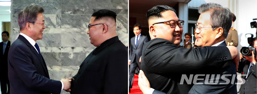 【서울=뉴시스】 문재인 대통령과 북한 김정은 국무위원장이 26일 오후 판문점 북측 통일각에서 전격적으로 만나 정상회담을 하기에 앞서 반갑게 악수를 하고(사진 왼쪽)) 헤어지며 포옹하고 있다. 2018.05.26. (사진 =청와대 제공) photo@newsis.com