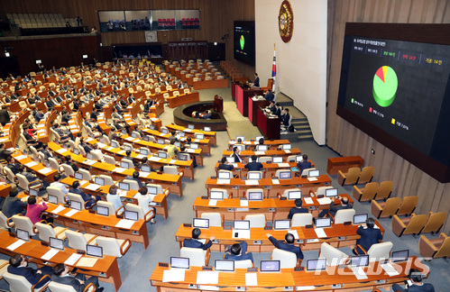 【서울=뉴시스】박영태 기자 = 28일 오후 서울 영등포구 여의도 국회 본회의장에서 진행된 제360회 국회(임시회) 제5차 본회의에서 최저임금법 일부개정법률안이 본회의에서 가결되고 있다. 2018.05.28. since1999@newsis.com