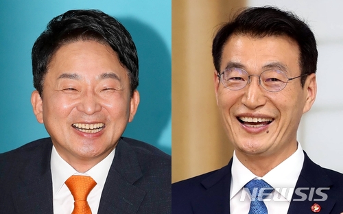 【제주=뉴시스】우장호 기자 = 6·13 제7회 전국동시지방선거 제주지사 선거에 출마한 무소속 원희룡(왼쪽) 후보와 더불어민주당 문대림 후보. (지지도 순)