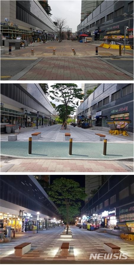 【전주=뉴시스】김민수 기자 =전북 전주시는 서부신시가지 중심상업지역의 특화거리로 조성하기 위해 추진해온 보행자전용도로 정비공사를 모두 완료했다.(사진=공사전(위)과 공사후 주야간(아래) 비교) photo@newsis.com