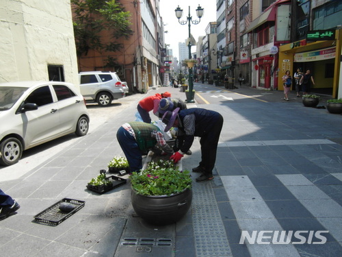 【울산=뉴시스】구미현 기자 = 울산시 중구는 지난 7일부터 10일까지 4일간 명륜로와 번영로, 다운로 등 중구 주요 진입로 3곳 일원에 화분과 가로등주 꽃걸이 화분 등을 설치했다고 11일 밝혔다. 2018.06.11. (사진=울산시 중구 제공)photo@newsis.com