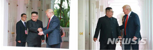 【서울=뉴시스】 북한 노동신문은 지난 12일 김정은 국무위원장이 도널드 트럼프 대통령과 싱가포르 센토사섬 카펠라 호텔에서 북미정상회담을 한 모습을 13일 보도했다. 2018.06.13. (출처=노동신문) photo@newsis.com