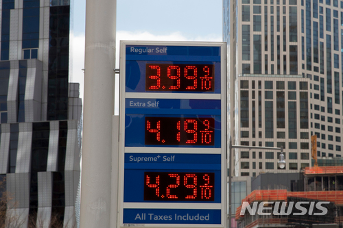 【뉴욕= AP/뉴시스】 뉴욕시내의 한 주유소의 가격표시판. 도널드 트럼프 미국대통령은 최근 고공행진을 하고 있는 유가가 산유국들의 감산 때문이라며 OPEC회의에서 유가인상을 합의하라고 요구해 회원국들이 반발하고 있다.&nbsp; 