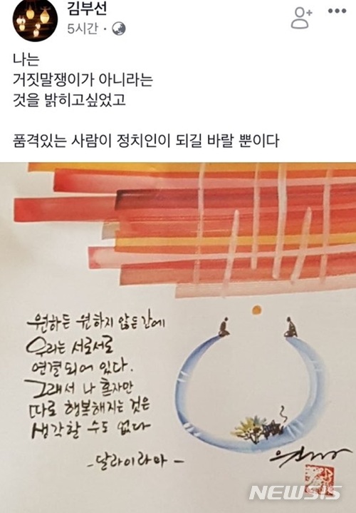 김부선 "나 거짓말쟁이 아니야, 품격있는 이가 정치인 되길"