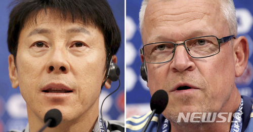 【니즈니노브고로드(러시아)=뉴시스】고범준 기자 = 2018 러시아월드컵 조별리그 F조 1차전 대한민국과 스웨덴의 경기를 하루 앞둔 17일(현지시간) 러시아 니즈니노브고로드 스타디움에서 열린 공식기자회견에서 한국 대표팀 신태용 감독과 스웨덴 야네 안데르손 감독이 취재진 질문에 각각 답변하고 있다. 대한민국 축구 대표팀은 오는 18일 스웨덴, 24일 멕시코, 27일 독일과 각각 조별리그를 치른다. 2018.06.17. bjko@newsis.com