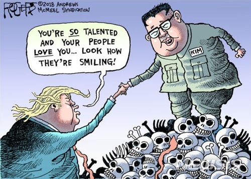 【서울=뉴시스】미국 펜실베이니아 지역 일간 '피츠버그 포스트 가제트'(PPG)의 만평가 롭 로저스가 지난 13일(현지시간) 트위터에 공개한 만평. 그는 트럼프 대통령을 비판하는 만평을 그렸다는 이유로 PPG로부터 해고됐다고 주장했다. <출처: 트위터> 2018.6.18.