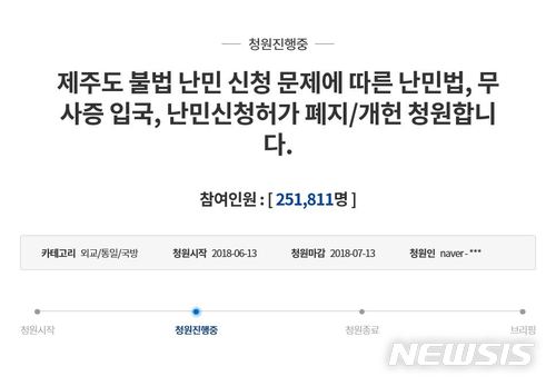 【제주=뉴시스】배상철 기자 =지난 13일 등록된 ‘제주도 불법 난민 신청 문제에 따른 난민법, 무사증 입국, 난민신청허가 폐지·개헌 청원합니다’ 제목의 국민청원글. 19일 오후 1시 현재 참여자가 25만명을 돌파했다. 2018.06.19. (사진=청와대 국민청원 게시판 화면)