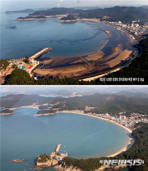 【세종=뉴시스】충남 서해안 허베이스피리트호 기름유출 사고 이후 태안군 소원면 모항리 만리포해수욕장의 복구 전(위)과 후(아래) 모습 비교. 2018.06.21.(사진 = 국립공원관리공단 제공)photo@newsis.com