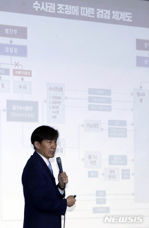 【서울=뉴시스】최동준 기자 = 조국 청와대 민정수석이 21일 서울 종로구 정부서울청사 별관 국제회의장에서 검·경 수사권 조정 관련 주요 내용을 설명하고 있다. 2018.06.21.&nbsp; photocdj@newsis.com