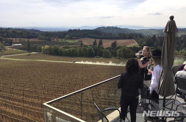 [미 오리건=AP/뉴시스] 2018년 3월3일 촬영한 사진으로, 미국 오리건주 터너의 ‘윌래매트 밸리(Willamette Valley)’의 포도밭에서 고객들이 주변 풍경을 보며 와인을 즐기고 있다.