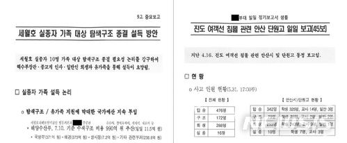  【서울=뉴시스】국방 사이버 댓글사건 조사TF는 2일 '국군 기무사령부의 사이버 댓글활동 등 여론조작 행위를 조사하던 중, 기무사가 온라인상의 여론조작을 넘어 세월호 사건에도 조직적으로 관여한 문건 등을 발견했다고 밝혔다. 사진에 나온 문건(왼쪽)은 실종자 가족 대상으로 탐색구조 종결을 설득할 논리 및 방안을 서술한 것이다. 오른쪽은 단원고에서 기무 활동관이 일일보고한 정황. 2018.07.02. (사진=국방부 제공) photo@newsis.com