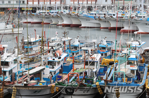【서귀포=뉴시스】우장호 기자 = 제7호 태풍 '쁘라삐룬'이 북상하고 있는 가운데 2일 오후 제주 서귀포시 서귀동 서귀포항에 어선들이 높은 물결을 피해 정박해 있다. 2018.07.02. woo1223@newsis.com