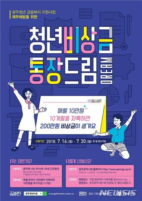 【광주=뉴시스】구길용 기자 = 광주시는 3일 임금소득이 낮은 근로청년들의 채무 예방과 생활안정을 돕기 위해 ‘청년비상금통장’ 참여자를 모집한다고 밝혔다. 2018.07.03. (사진=광주시 제공) kykoo1@newsis.com