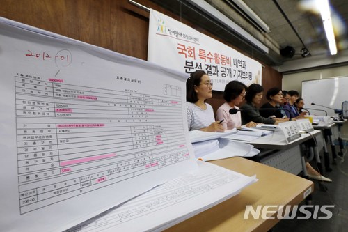 【서울=뉴시스】조성봉 기자 = 5일 오전 서울 종로구 참여연대 아름드리홀에서 열린 국회 특수활동비 내역과 분석결과 공개 기자브리핑에서 서복경(왼쪽 네 번째) 의정감시센터 소장이 보고서를 발표하고 있다. 2018.07.05.suncho21@newsis.com