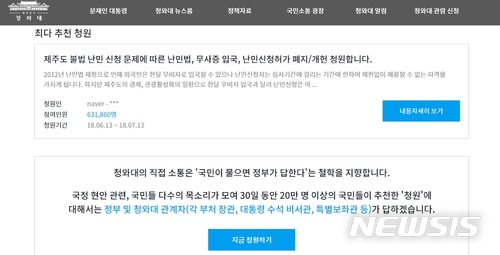 【서울=뉴시스】 제주도 예멘 난민 사건을 계기로 관련 법을 재고해달라는 청와대 국민청원이 역대 최다 참여인 63만1922명의 추천을 기록했다. (사진=청와대 홈페이지 캡쳐). 2018.07.06. photo@newsis.com