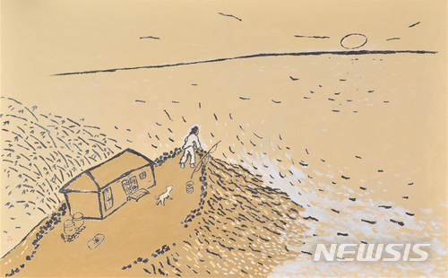 【창원=뉴시스】 홍정명 기자 = 경남 창원시 마산회구원 BNK경남은행 본점 내 BNK경남은행갤러리에서 오는 24일까지 통영을 주제로 열리는 '김용득·윤정희 개인전'에 전시된 김용득 화가의 '풍월주인'.2018.07.06.(사진= BNK경남은행 제공) photo@newsis.com