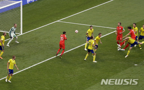 England's Harry Maguire, 3rd right, heads the ball to score the opening goal during the quarterfinal match between Sweden and England at the 2018 soccer World Cup in the Samara Arena, in Samara, Russia, Saturday, July 7, 2018. (AP Photo/Thanassis Stavrakis)