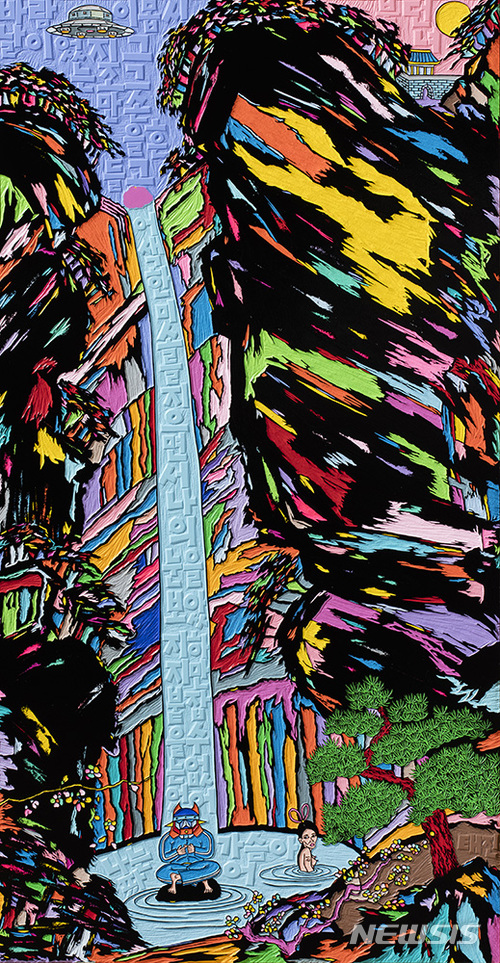 【서울=뉴시스】 성태진 나는가슴아팠어-acrylic_and_ink_on_embossedwoodpanel_122x60cm2016