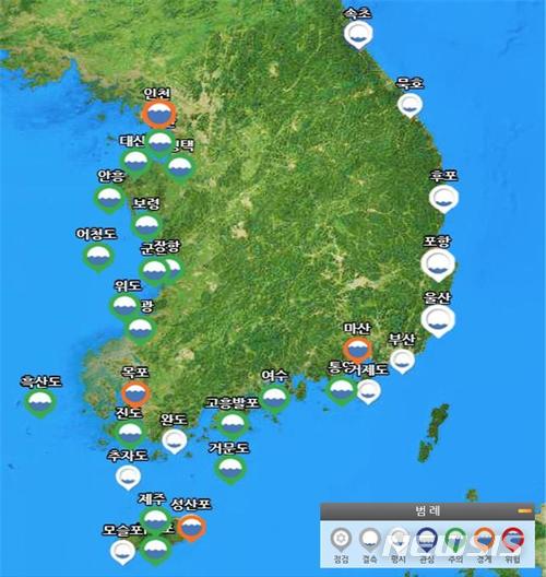【서울=뉴시스】슈퍼문 기간(13~16일) 4단계 고조정보 '주의' 전망 (제공=해양수산부) 