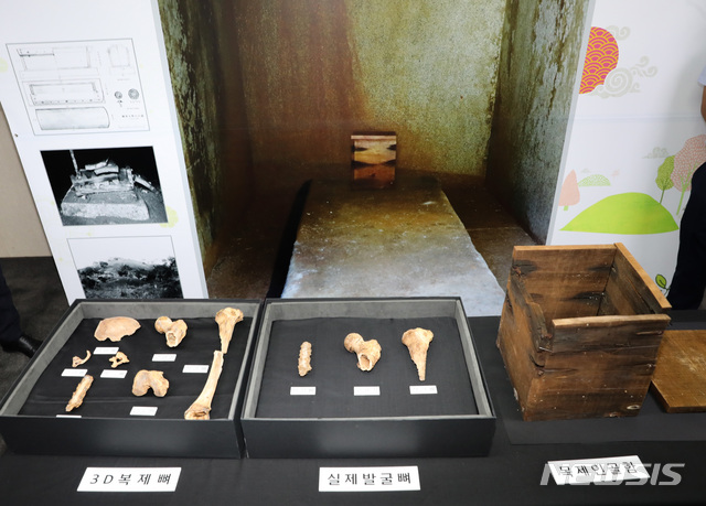 【서울=뉴시스】조수정 기자 = 익산 쌍릉 대왕릉 출토 인골 분석 결과 공개 기자설명회가 열린 18일 오전 서울 종로구 국립고궁박물관에서 출토 인골과 목제 인골함, 3D 복제뼈가 전시돼 있다. 뒤의 사진은 유골이 출토된 쌍릉 대왕릉 내부. 국립부여문화재연구소는 지난 4월 익산 쌍릉 대왕릉에서 발견된 인골에서 남성 노년층의 신체 특징과 병리학적 소견을 확인하고 백제 무왕의 무덤일 가능성이 높다고 밝혔다. 2018.07.18. chocrystal@newsis.com