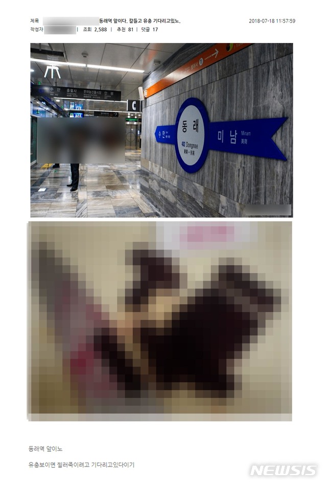 【부산=뉴시스】 하경민 기자 = 부산경찰청은 남성 혐오 인터넷 커뮤니티 사이트인 '워마드'에 아동 살해 예고 글이 게시돼 수사를 벌이고 있다고 19일 밝혔다.사진은 해당 게시글. 2018.07.19. (사진=부산경찰청 제공)yulnetphoto@newsis.com