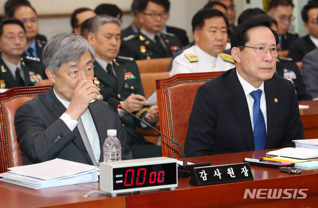 【서울=뉴시스】홍효식 기자 = 최재형 감사원장이 20일 오전 서울 여의도 국회 본청 법제사법위원회 회의실에서 열린 전체회의에 참석해 물을 마시고 있다. 오른쪽은 송영무 국방부 장관. 2018.07.20. yesphoto@newsis.com
