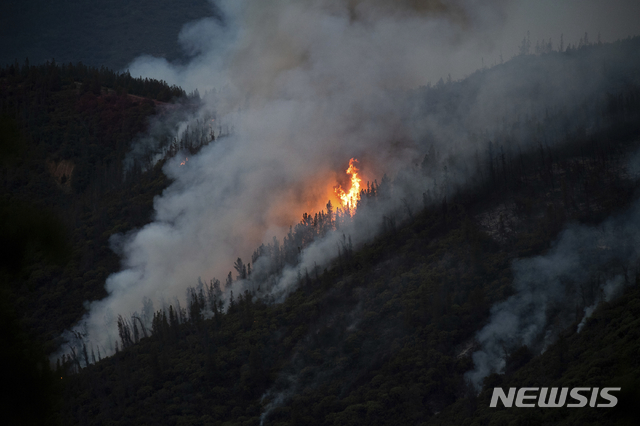 【로스앤젤레스= AP/뉴시스】 캘리포니아 일대의 산불이 2주일째 계속되면서 15일 요세미티 국립공원 인근의 퍼거슨 산불이 공원쪽을 향해 접근하고 있다. 이 지역은 21일부터 비상대피령이 내려졌고 25일부터는 공원 탐방이 금지된다.&nbsp; 