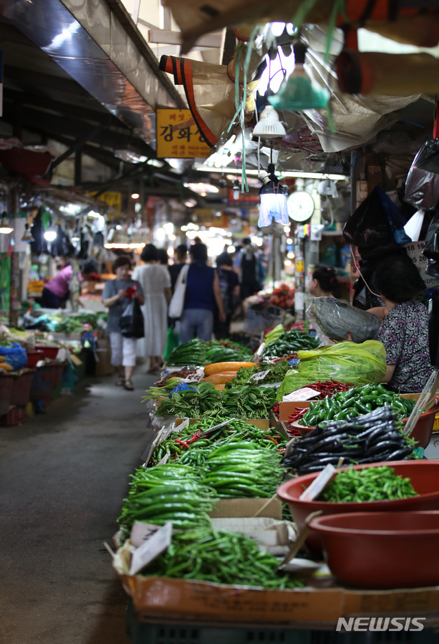 【서울=뉴시스】김진아 기자 = 연일 35도를 넘나드는 때 이른 폭염이 이어지면서 양배추와 오이 등 채소값이 상승하고 있는 서울 동대문구의 한 시장에서 상인들이 채소를 판매하고 있다. bluesoda@newsis.com