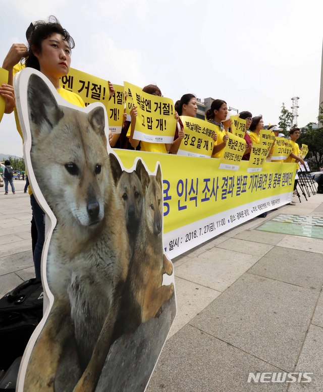 【서울=뉴시스】고범준 기자 = 동물권행동 카라, 동물자유연대 소속 회원들이 중복인 27일 오전 서울 종로구 광화문광장 세종대왕동상 앞에서 개식용 인식 조사 결과 발표 기자회견 및 중복 캠페인을 하고 있다. 2018.07.27. bjko@newsis.com