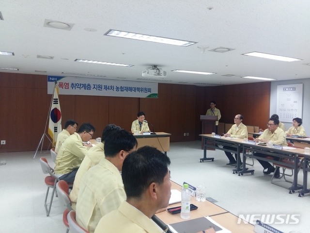 【서울=뉴시스】농협은 28일 농협중앙회 본관 종합상황실에서 전국 폭염 지속에 따른 취약계층 농업인 지원계획 수립을 위해 허식 부회장이 주관하는 '2018년 제4차 농협재해대책위원회'를 개최했다. (사진제공 = 농협중앙회)