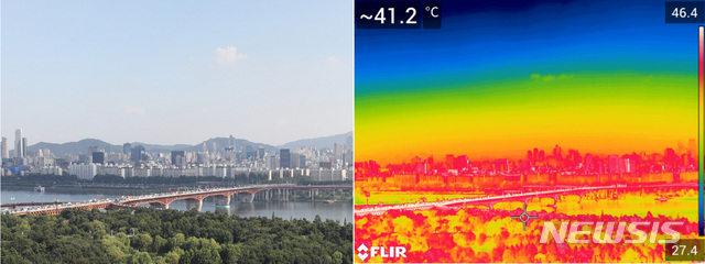 【서울=뉴시스】이영환 기자 = 서울의 낮 최고기온이 39도를 넘어서며 기상 관측 이래 111년 만에 가장 더운 날씨를 보인 1일 오후 서울 성동구 응봉산에서 성수대교 일대가 보이고 있다.오른쪽 사진은 FLIR 열화상카메라로 촬영한 모습으로 성수대교 일대가 붉게 표시되고 있다. 2018.08.01.  20hwan@newsis.com