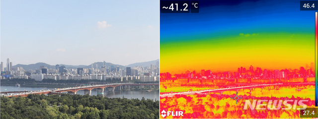 【서울=뉴시스】이영환 기자 = 서울의 낮 최고기온이 39도를 넘어서며 기상 관측 이래 111년 만에 가장 더운 날씨를 보인 1일 오후 서울 성동구 응봉산에서 성수대교 일대가 보이고 있다. 오른쪽 사진은 FLIR 열화상카메라로 촬영한 모습으로 성수대교 일대가 붉게 표시되고 있다. 2018.08.01. 20hwan@newsis.com