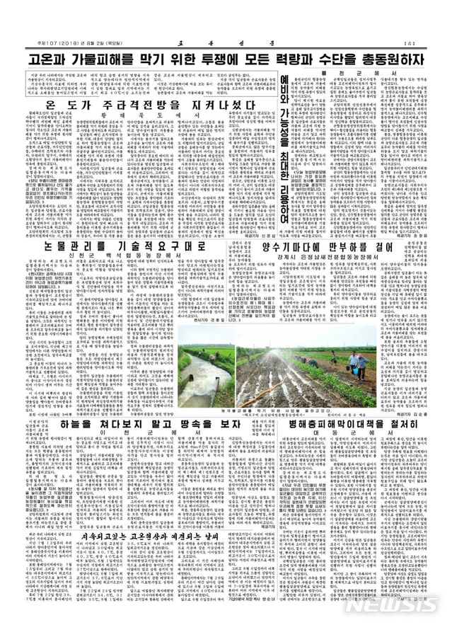 【서울=뉴시스】북한 노동당 기관지 노동신문은 2일 '온 나라가 떨쳐나 고온과 가물피해를 막기 위한 투쟁을 힘있게 벌리자'는 제목의 1면 사설에서 "최근 우리 나라에서 고온과 가물 피해현상이 심하게 나타나고 있다"고 밝혔다. 신문은 이날 4면에 전국 각지의 물관리, 양수설비 점검보수, 병해충 피해대책 등 모범 사례를 소개하면서 고온·가뭄에 대책에 참여할 것을 독려했다. 사진은 4면에 나온 모범사례 소개. 2018.08.02 (사진=노동신문 캡쳐) photo@newsis.com