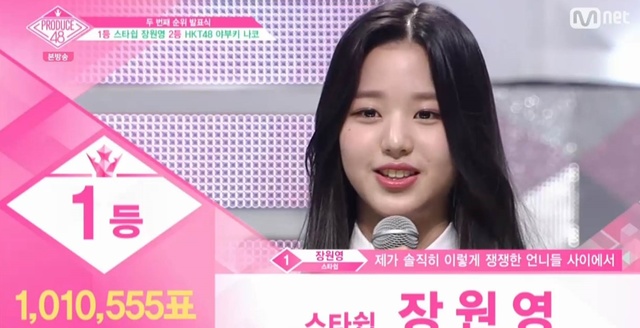 '프로듀스48' 2번째 순위 발표식 1위, 막내 장원영