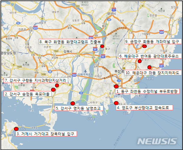【부산=뉴시스】 하경민 기자 = 부산경찰청은 경찰에서 운영하는 고정식 과속단속 카메라(411대)의 상반기 단속 건수를 분석, 부산청 관할 고속도로와 시내도로 등 과속단속 적발 상위 20개 지점을 발표했다고 6일 밝혔다.사진은 시내도로 과속단속 상위 10개 지점. 2018.08.06. (사진=부산경찰청 제공)yulnetphoto@newsis.com